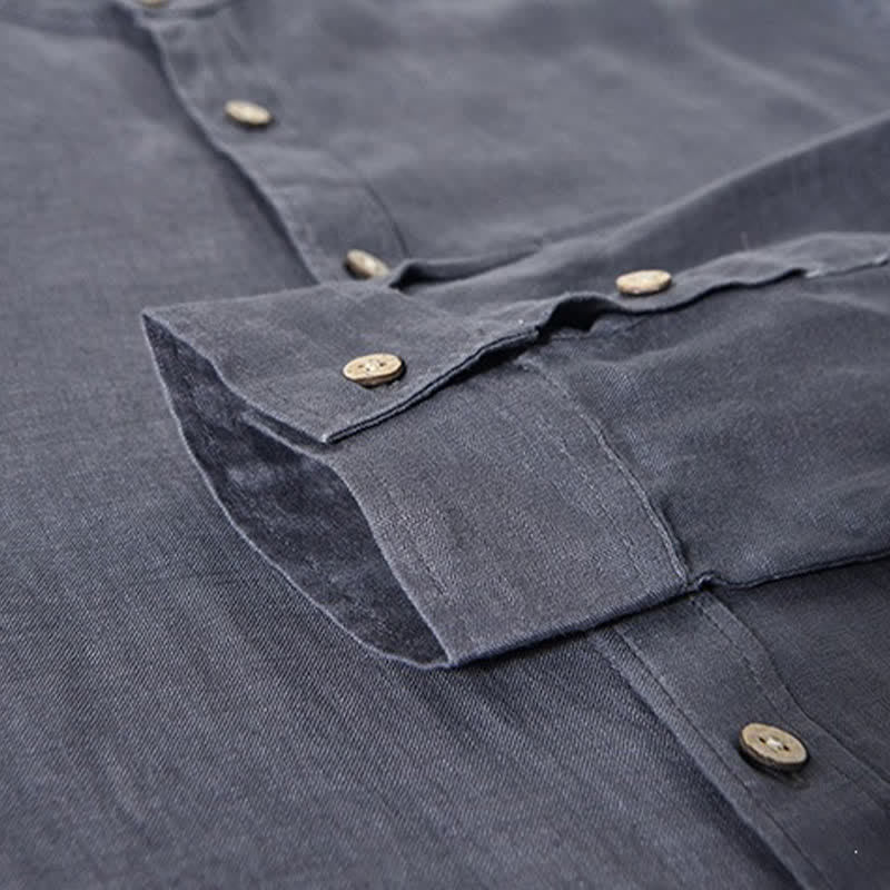 Nimara Ritual Spring Casual Mandarin Collar Solid Linen Men's Long Sleeve Shirts With Patch Pocket