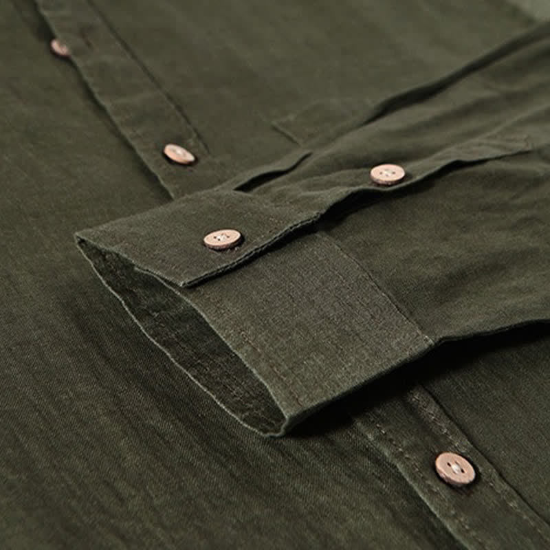 Nimara Ritual Spring Casual Mandarin Collar Solid Linen Men's Long Sleeve Shirts With Patch Pocket