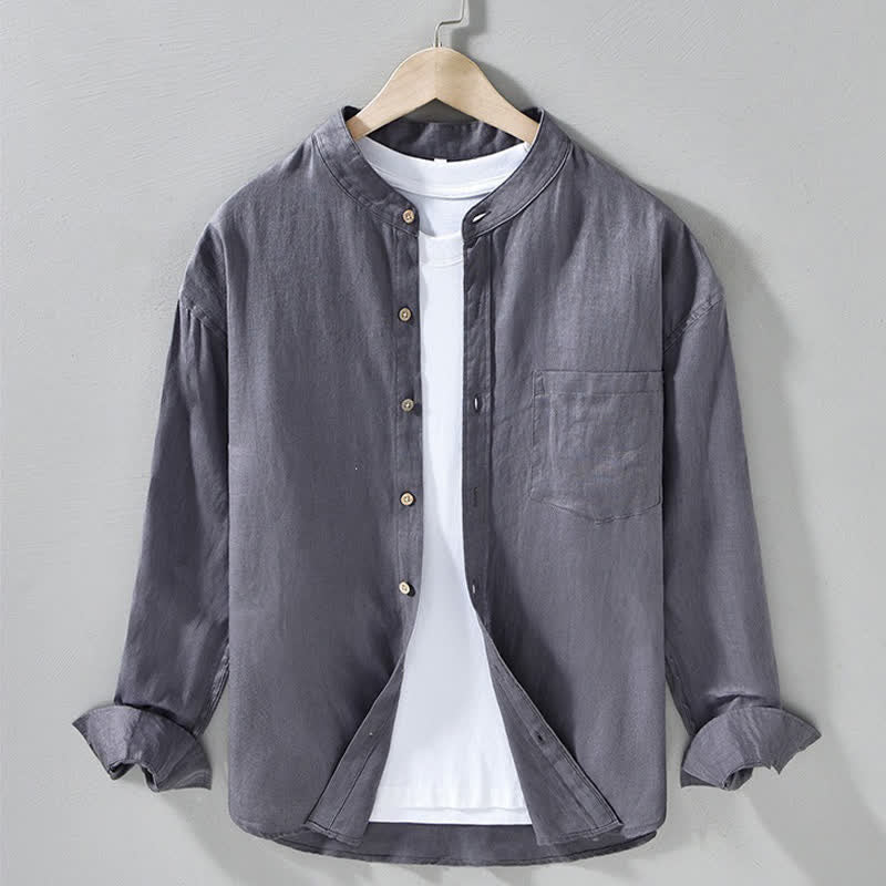 Nimara Ritual Spring Casual Mandarin Collar Solid Linen Men's Long Sleeve Shirts With Patch Pocket