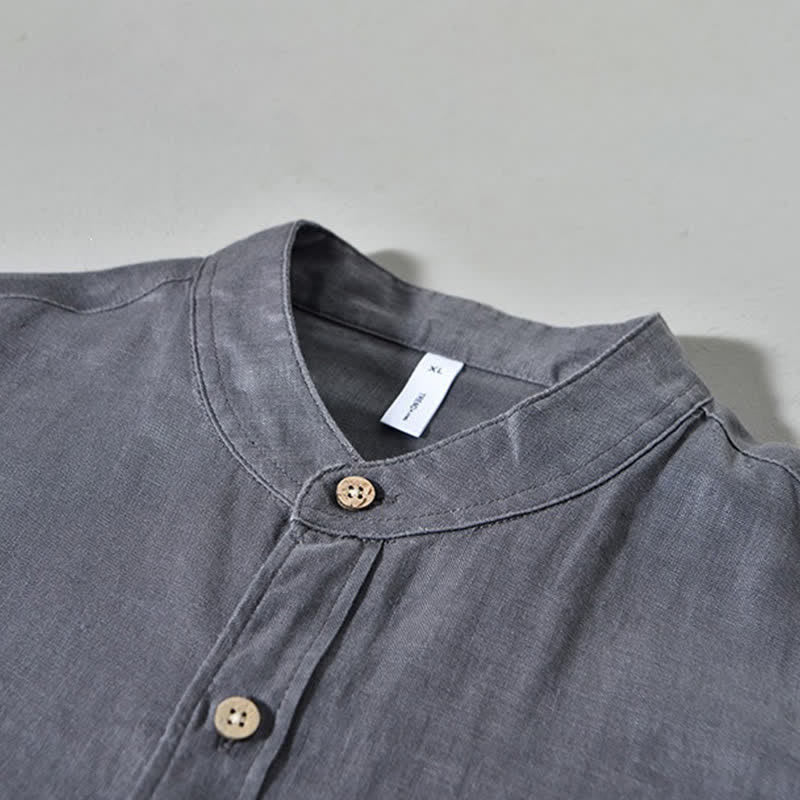 Nimara Ritual Spring Casual Mandarin Collar Solid Linen Men's Long Sleeve Shirts With Patch Pocket