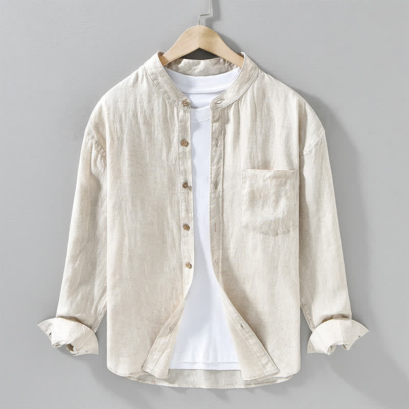 Nimara Ritual Spring Casual Mandarin Collar Solid Linen Men's Long Sleeve Shirts With Patch Pocket
