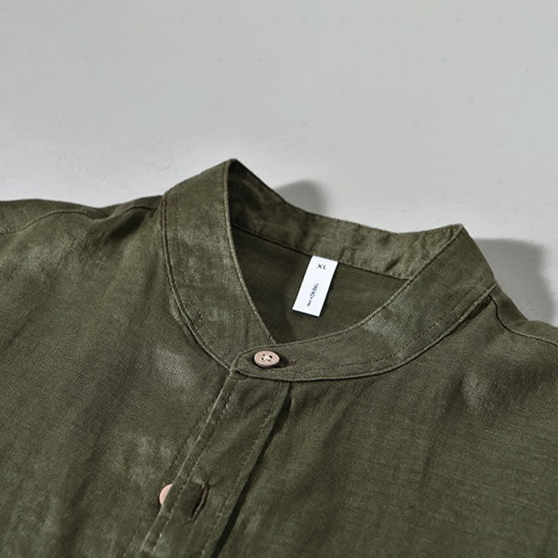 Nimara Ritual Spring Casual Mandarin Collar Solid Linen Men's Long Sleeve Shirts With Patch Pocket