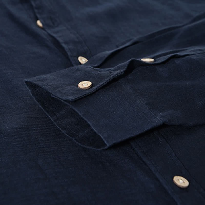 Nimara Ritual Spring Casual Mandarin Collar Solid Linen Men's Long Sleeve Shirts With Patch Pocket