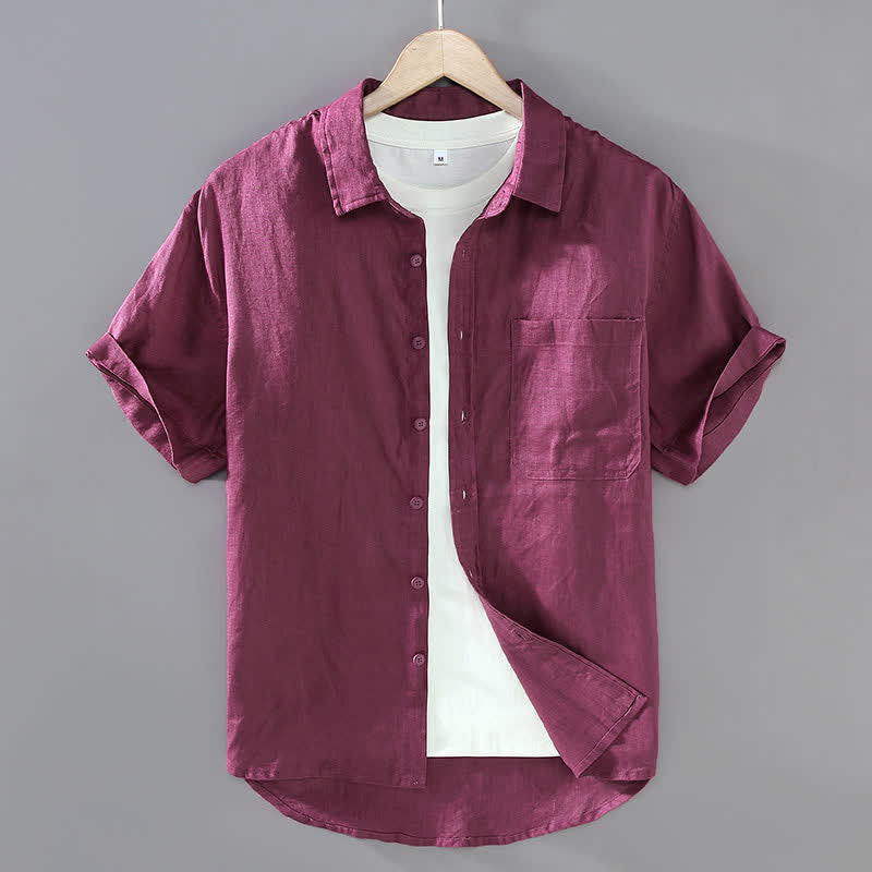 Nimara Ritual Summer Casual Button-Up Solid Linen Men's Short Sleeve Shirts With Patch Pocket