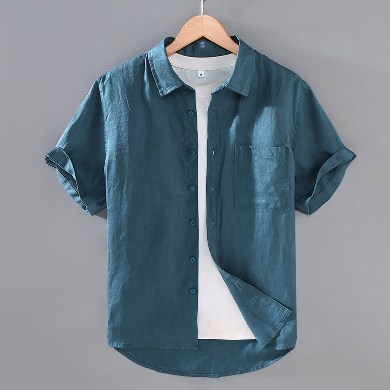 Nimara Ritual Summer Casual Button-Up Solid Linen Men's Short Sleeve Shirts With Patch Pocket