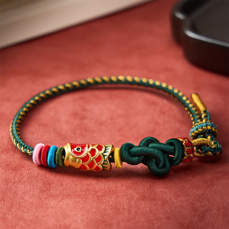 Nimara Ritual Hand-Woven Dark Green Yellow String Red Koi Fish Protection Bracelet