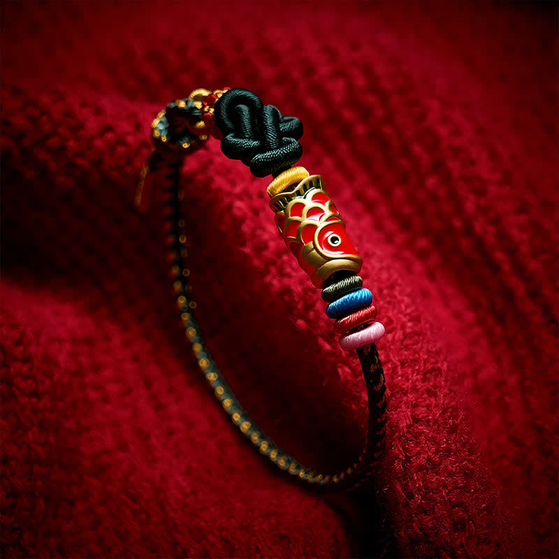 Nimara Ritual Hand-Woven Dark Green Yellow String Red Koi Fish Protection Bracelet