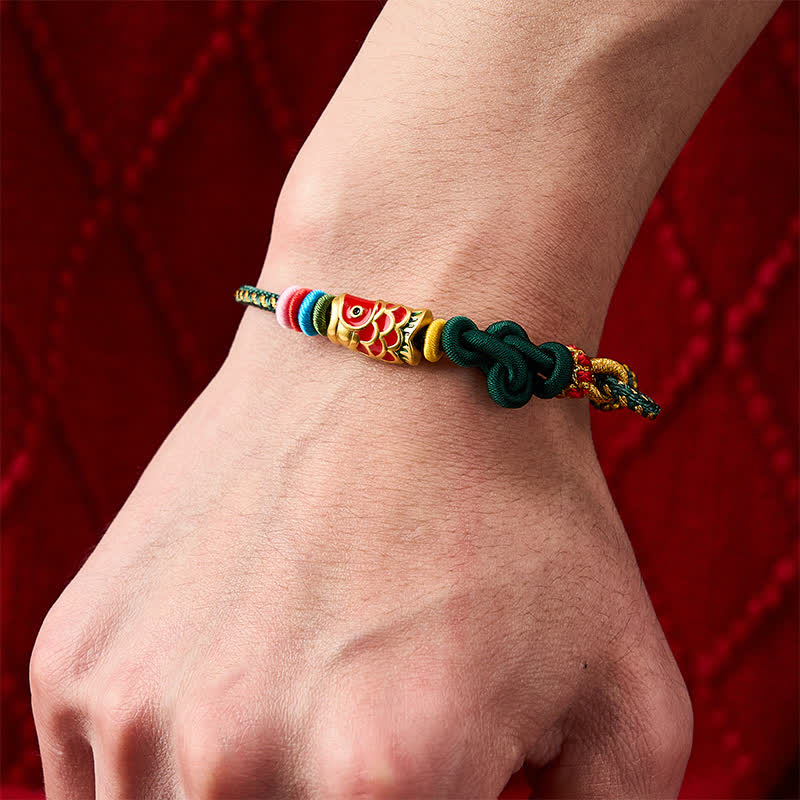 Nimara Ritual Hand-Woven Dark Green Yellow String Red Koi Fish Protection Bracelet