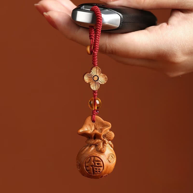 Nimara Ritual Peach Wood Fu Character Lotus Lucky Pouch Wealth Charm Keychains