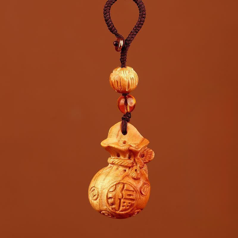 Nimara Ritual Peach Wood Fu Character Lotus Lucky Pouch Wealth Charm Keychains