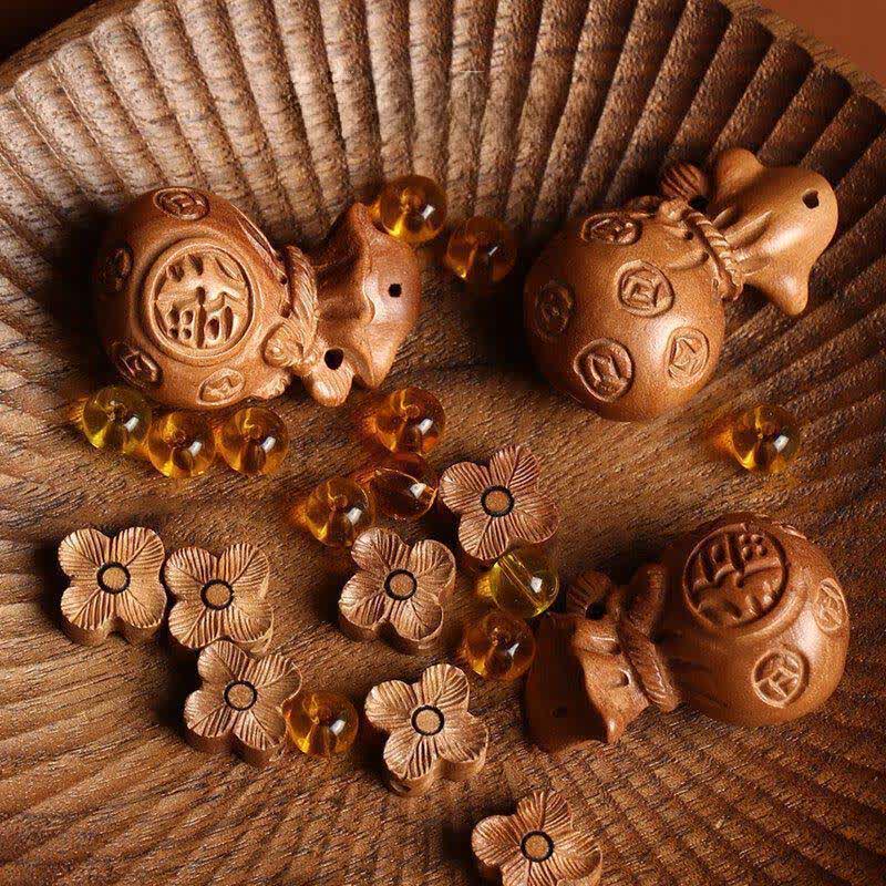 Nimara Ritual Peach Wood Fu Character Lotus Lucky Pouch Wealth Charm Keychains