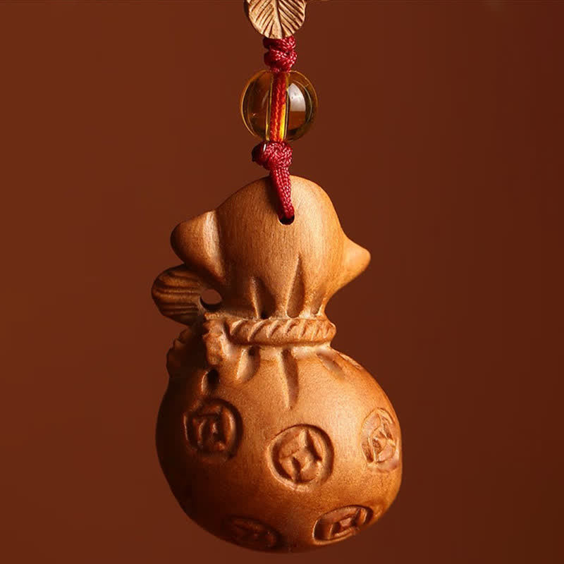 Nimara Ritual Peach Wood Fu Character Lotus Lucky Pouch Wealth Charm Keychains