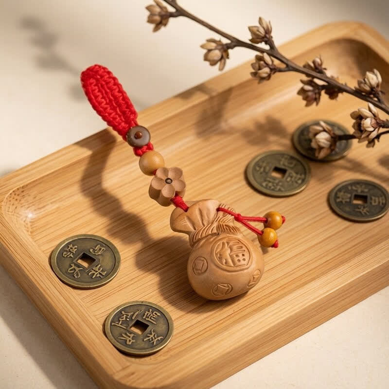 Nimara Ritual Peach Wood Fu Character Lotus Lucky Pouch Wealth Charm Keychains