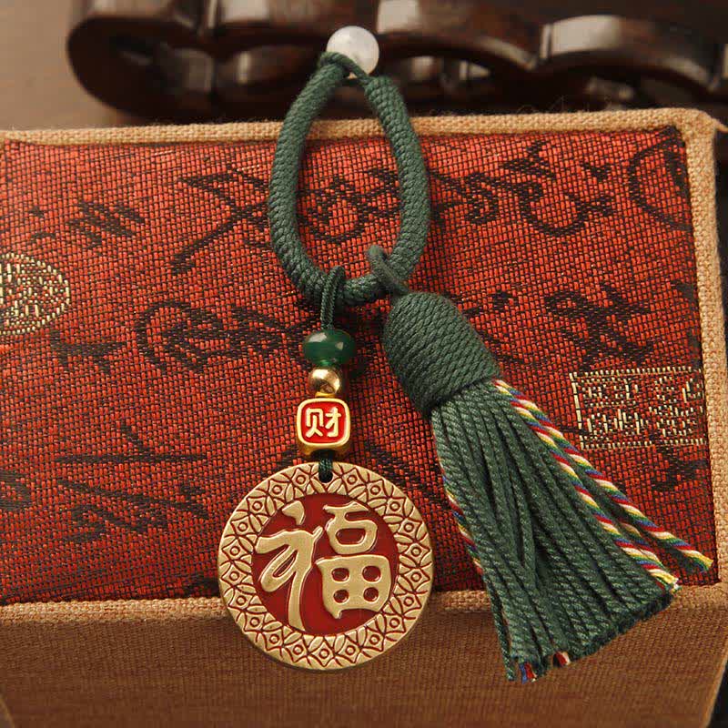 Nimara Ritual Brass Hand-Woven Red String Fu Character Blessing Tassel Keychains