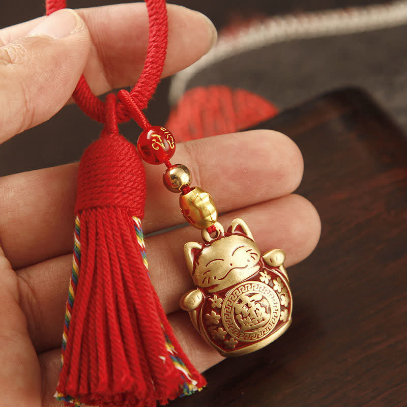 Nimara Ritual Brass Hand-Woven Red String Fu Character Blessing Tassel Keychains