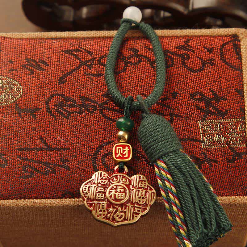 Nimara Ritual Brass Hand-Woven Red String Fu Character Blessing Tassel Keychains