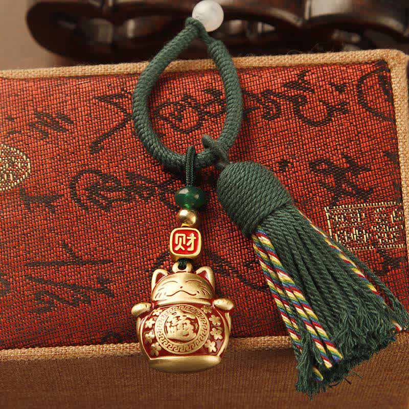 Nimara Ritual Brass Hand-Woven Red String Fu Character Blessing Tassel Keychains