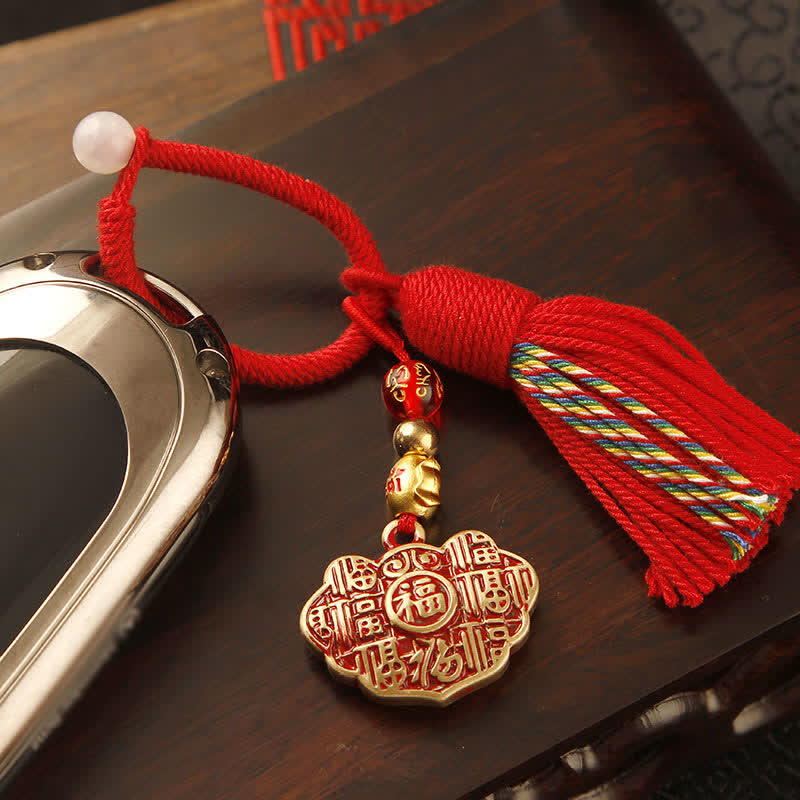 Nimara Ritual Brass Hand-Woven Red String Fu Character Blessing Tassel Keychains