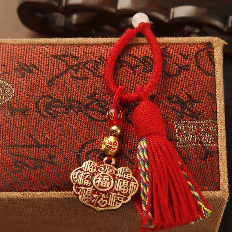 Nimara Ritual Brass Hand-Woven Red String Fu Character Blessing Tassel Keychains