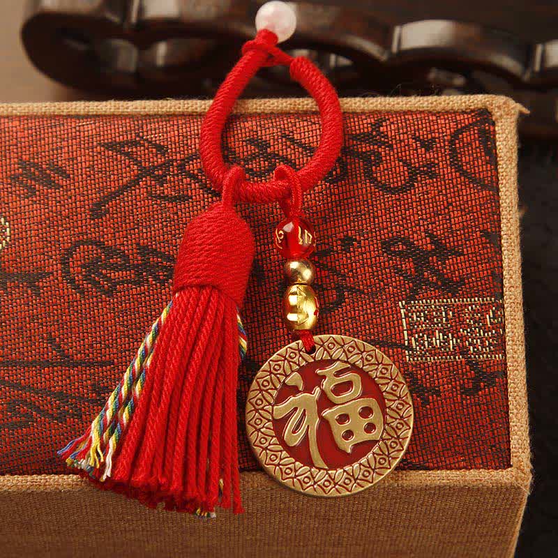 Nimara Ritual Brass Hand-Woven Red String Fu Character Blessing Tassel Keychains