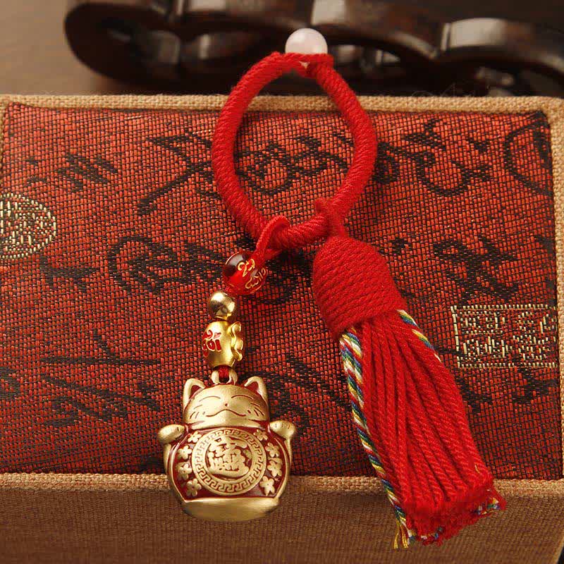 Nimara Ritual Brass Hand-Woven Red String Fu Character Blessing Tassel Keychains