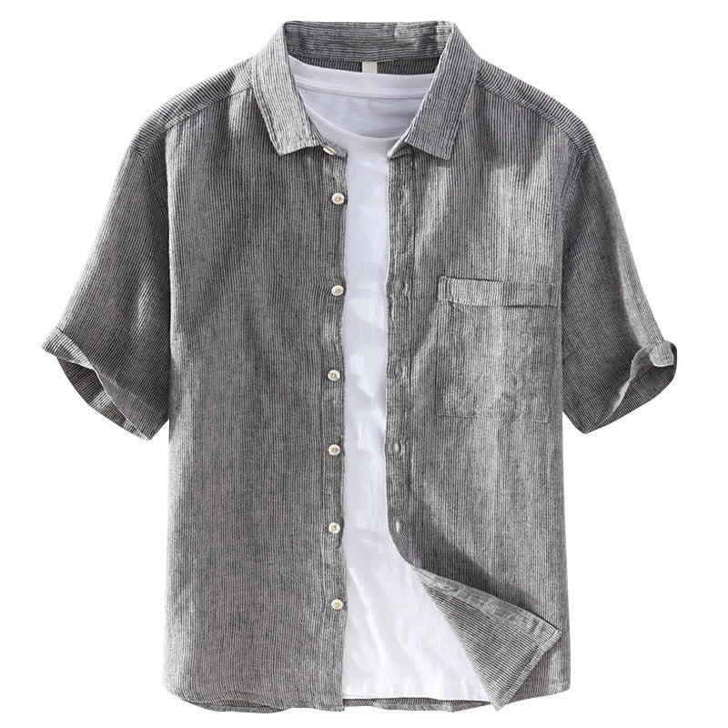 Nimara Ritual Summer Casual Solid Striped Linen Men's Short Sleeve Shirts With Patch Pocket