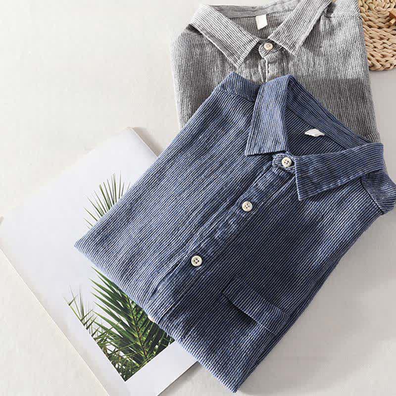 Nimara Ritual Summer Casual Solid Striped Linen Men's Short Sleeve Shirts With Patch Pocket