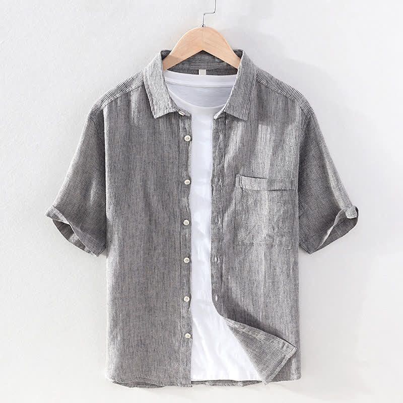 Nimara Ritual Summer Casual Solid Striped Linen Men's Short Sleeve Shirts With Patch Pocket