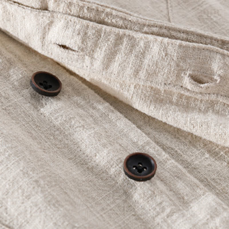 Nimara Ritual Spring Casual Mandarin Collar Solid Ramie Men's Long Sleeve Shirts With Pocket