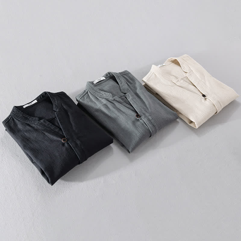 Nimara Ritual Spring Casual Mandarin Collar Solid Ramie Men's Long Sleeve Shirts With Pocket