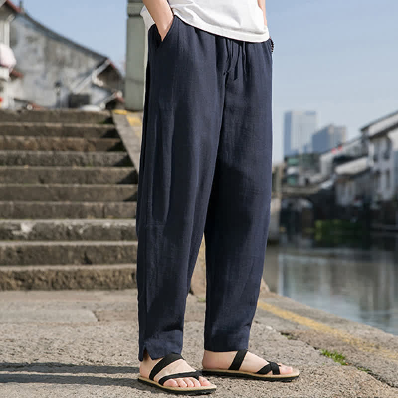 Nimara Ritual Spring Summer Casual Minimalist Drawstring Solid Ramie Ankle Pants Men's Harem Pants With Pocket