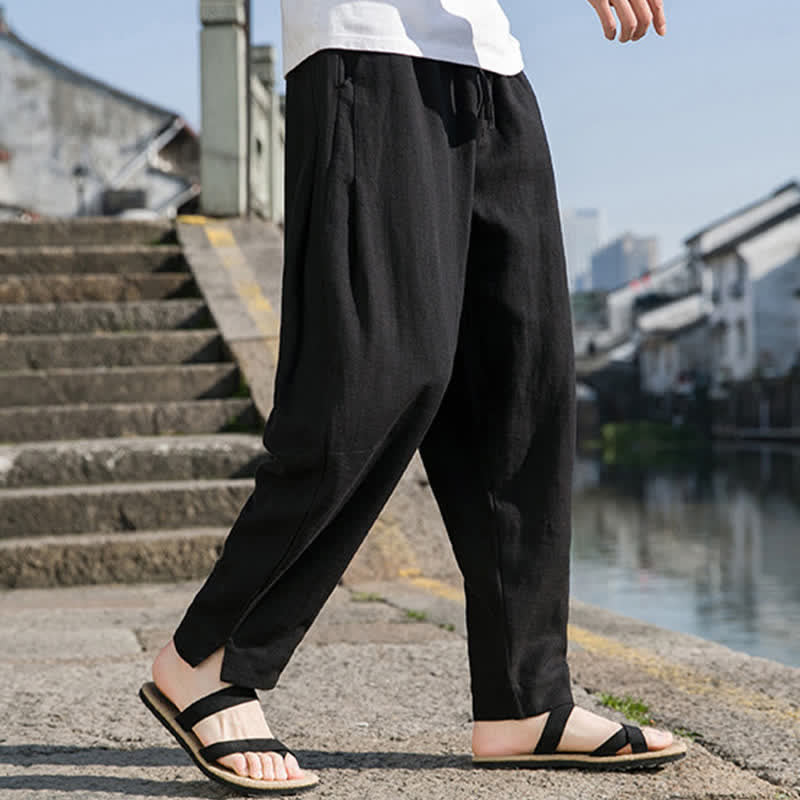 Nimara Ritual Spring Summer Casual Minimalist Drawstring Solid Ramie Ankle Pants Men's Harem Pants With Pocket