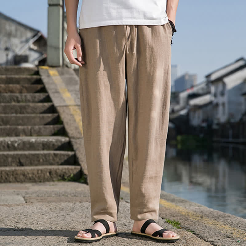 Nimara Ritual Spring Summer Casual Minimalist Drawstring Solid Ramie Ankle Pants Men's Harem Pants With Pocket