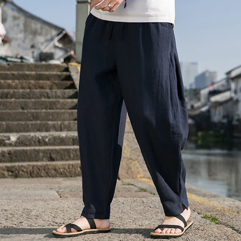 Nimara Ritual Spring Summer Casual Minimalist Drawstring Solid Ramie Ankle Pants Men's Harem Pants With Pocket
