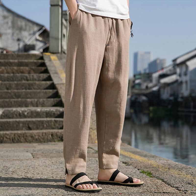 Nimara Ritual Spring Summer Casual Minimalist Drawstring Solid Ramie Ankle Pants Men's Harem Pants With Pocket