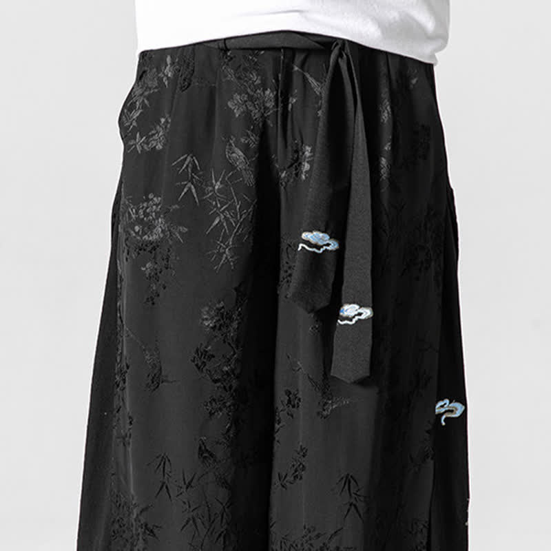 Nimara Ritual Spring Summer Tang Style Drawstring Embroidery Abstract Cropped Pants Men's Wide Leg Pants With Pocket