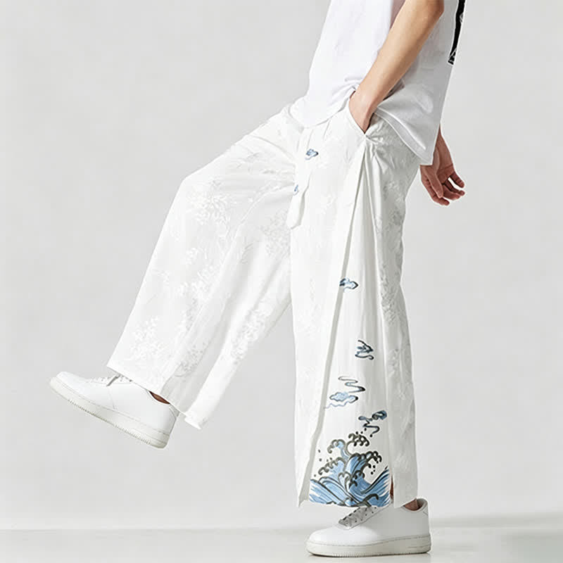 Nimara Ritual Spring Summer Tang Style Drawstring Embroidery Abstract Cropped Pants Men's Wide Leg Pants With Pocket