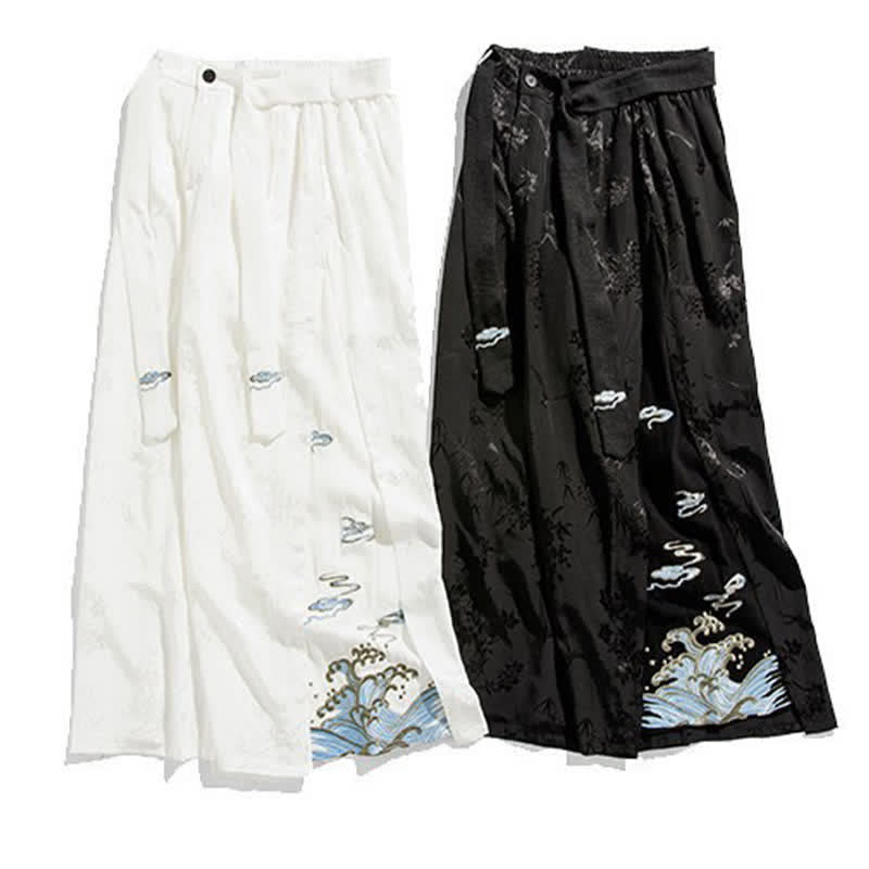 Nimara Ritual Spring Summer Tang Style Drawstring Embroidery Abstract Cropped Pants Men's Wide Leg Pants With Pocket