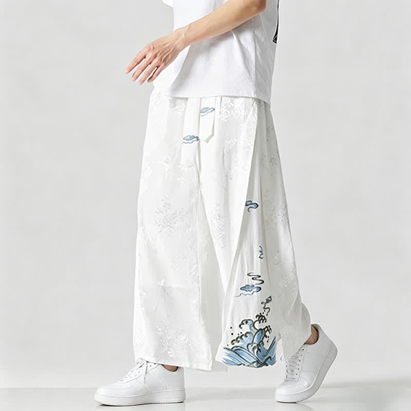 Nimara Ritual Spring Summer Tang Style Drawstring Embroidery Abstract Cropped Pants Men's Wide Leg Pants With Pocket