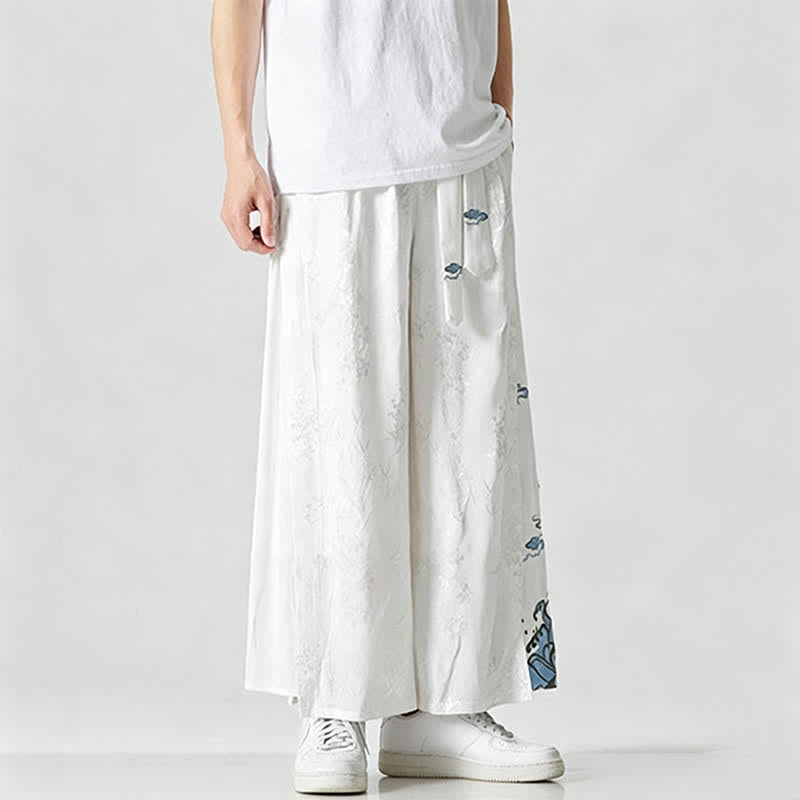 Nimara Ritual Spring Summer Tang Style Drawstring Embroidery Abstract Cropped Pants Men's Wide Leg Pants With Pocket
