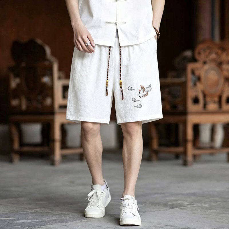 Nimara Ritual 2Pcs Summer Tang Style Meditation Embroidery Crane Short Sleeve Shirt Shorts Men's Meditation Cloth With Pockets