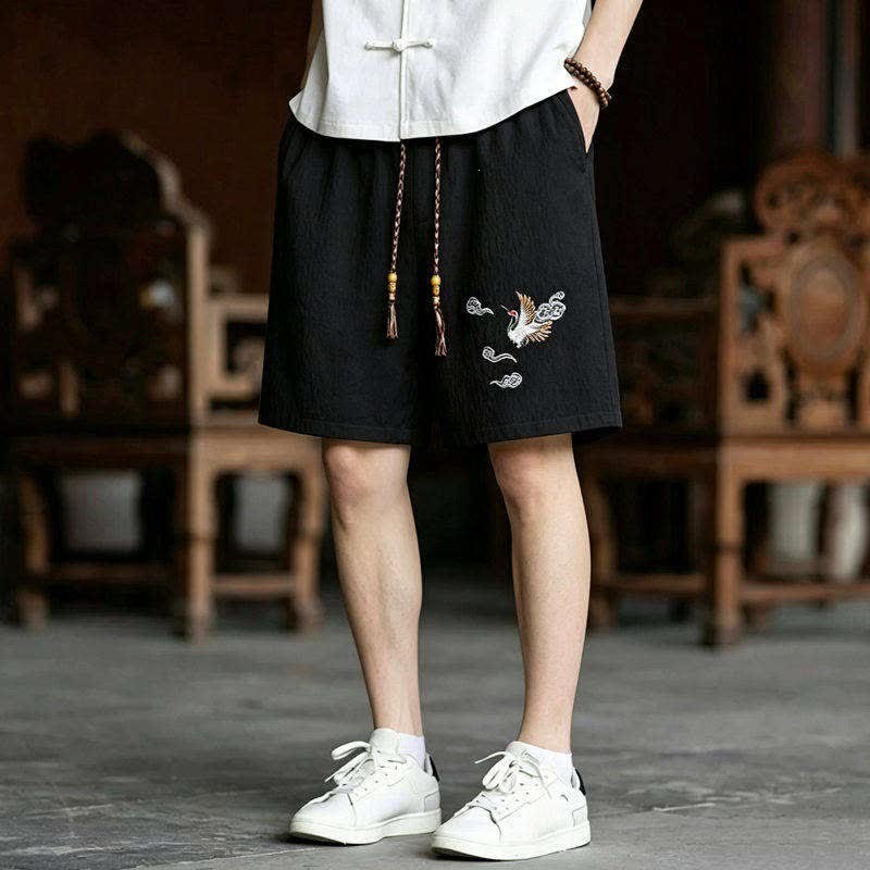 Nimara Ritual 2Pcs Summer Tang Style Meditation Embroidery Crane Short Sleeve Shirt Shorts Men's Meditation Cloth With Pockets