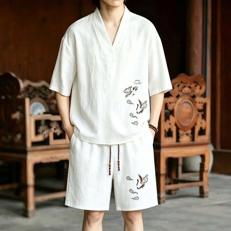 Nimara Ritual 2Pcs Summer Tang Style Meditation Embroidery Crane Short Sleeve Shirt Shorts Men's Meditation Cloth With Pockets