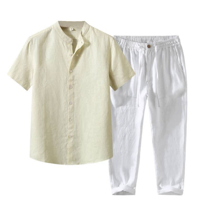Nimara Ritual 2Pcs Summer Tang Style Meditation Mandarin Collar Button-Up Solid Linen Short Sleeve Shirt Pants Men's Meditation Cloth With Pocket