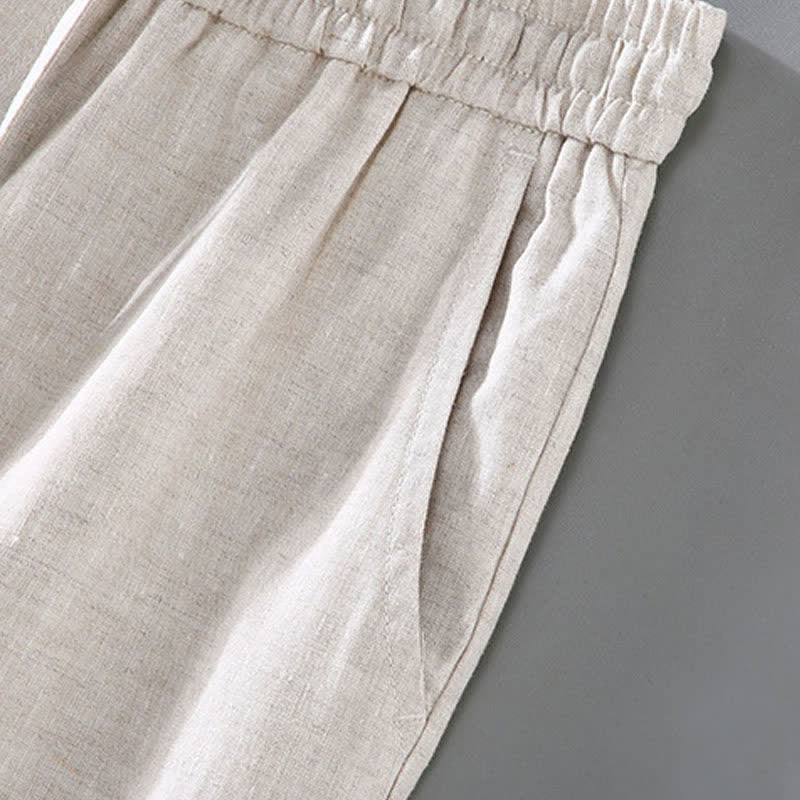 Nimara Ritual 2Pcs Summer Tang Style Meditation Mandarin Collar Button-Up Solid Linen Short Sleeve Shirt Pants Men's Meditation Cloth With Pocket