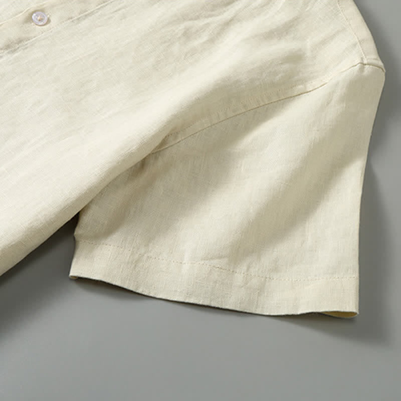 Nimara Ritual 2Pcs Summer Tang Style Meditation Mandarin Collar Button-Up Solid Linen Short Sleeve Shirt Pants Men's Meditation Cloth With Pocket