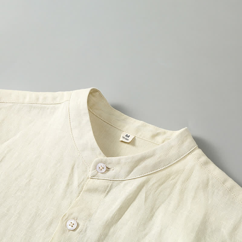 Nimara Ritual 2Pcs Summer Tang Style Meditation Mandarin Collar Button-Up Solid Linen Short Sleeve Shirt Pants Men's Meditation Cloth With Pocket