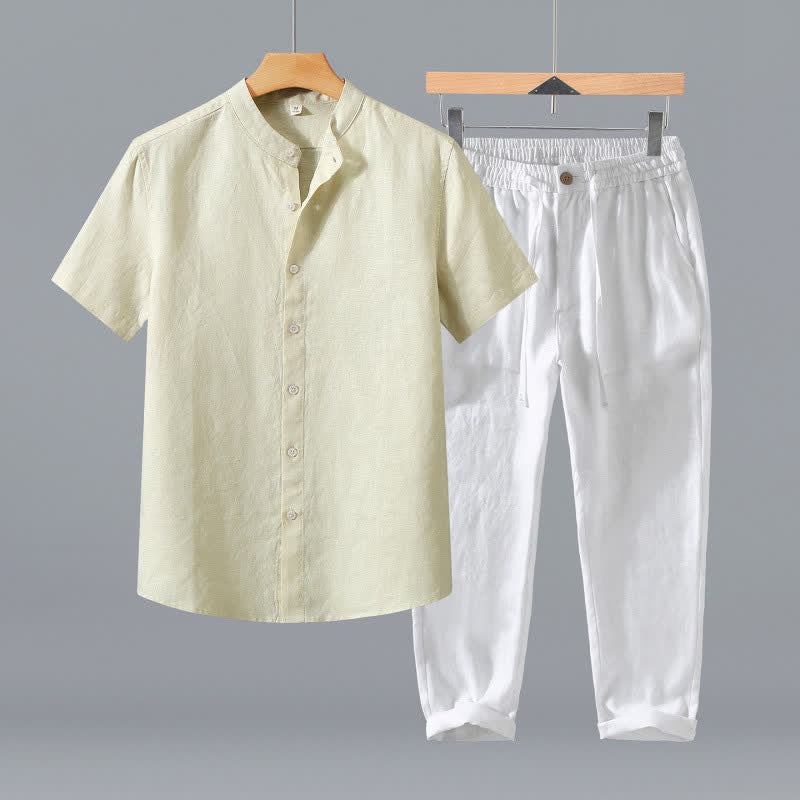 Nimara Ritual 2Pcs Summer Tang Style Meditation Mandarin Collar Button-Up Solid Linen Short Sleeve Shirt Pants Men's Meditation Cloth With Pocket