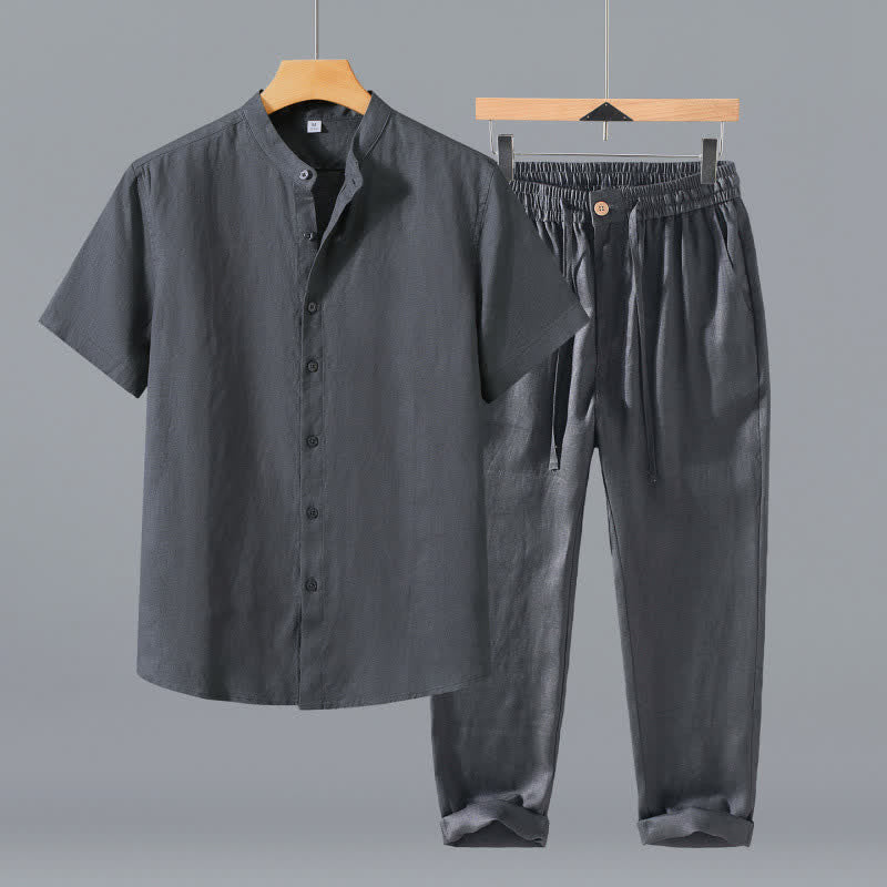 Nimara Ritual 2Pcs Summer Tang Style Meditation Mandarin Collar Button-Up Solid Linen Short Sleeve Shirt Pants Men's Meditation Cloth With Pocket