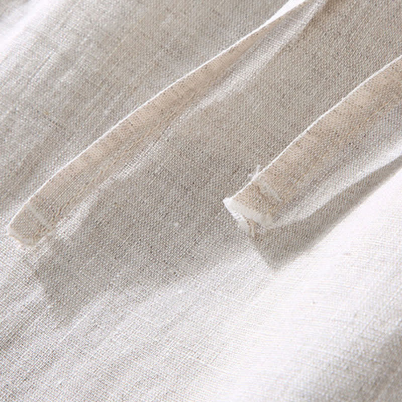 Nimara Ritual 2Pcs Summer Tang Style Meditation Mandarin Collar Button-Up Solid Linen Short Sleeve Shirt Pants Men's Meditation Cloth With Pocket